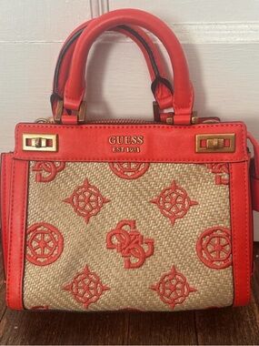 GUESS Coral Red and Beige Embroidered Logo Satchel